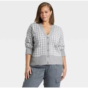 NWT A New Day Women's Light Gray Windowpane Cozy Knit Everyday Cardigan Size XXL